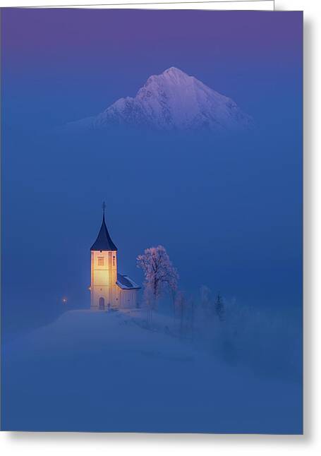 Misty Winter Church Scene Greeting Card