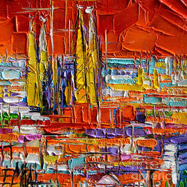 BARCELONA SAGRADA FAMILIA VIEW FROM PARC GUELL abstract palette knife oil painting by Mona Edulesco
