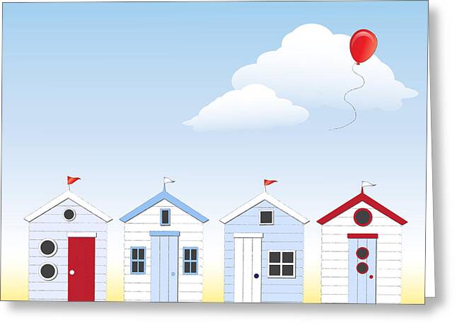 Colorful Beach Huts with Red Balloon Greeting Card