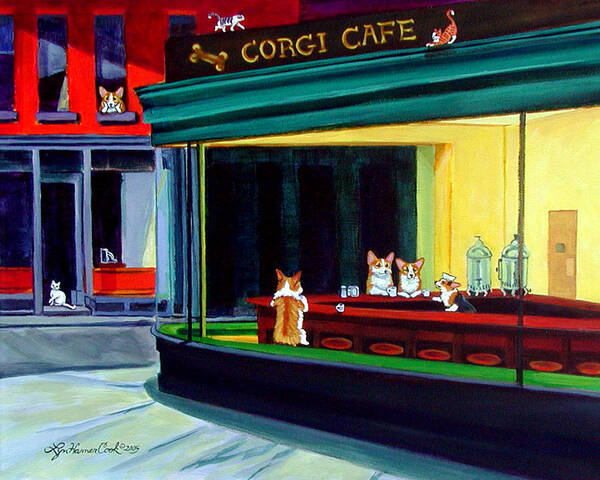 Corgis at a Busy Cafe Wall Art
