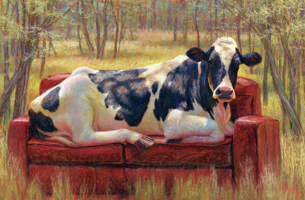 Cow Relaxing on a Red Sofa Wall Art