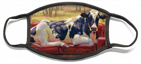 Cow Relaxing on a Red Sofa Face Mask