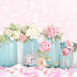 Shabby Chic Pink White Roses  - Vintage Aqua Blue Ball Mason Jars Romantic Pink Floral Roses  by Kathy Fornal