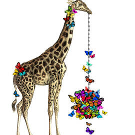 Giraffe with colorful rainbow butterflies by Madame Memento