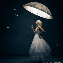 Girl with umbrella and falling feathers by Johan Swanepoel