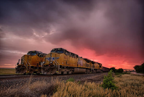 Train at Dusk with Vibrant Sky Wall Art