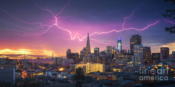 Lightning Strikes Over City Skyline Wall Art