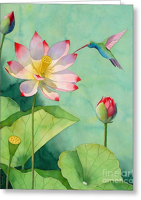 Hummingbird and Lotus Scene Greeting Card