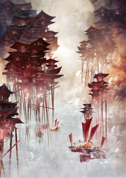 Floating Pagodas in the Clouds Wall Art