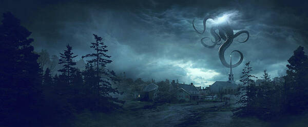 Giant Creature Looms Over Village Wall Art