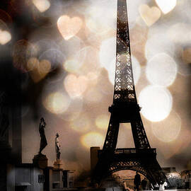 Paris Surreal Fantasy Sepia Black Eiffel Tower Bokeh Hearts and Circles - Paris Eiffel Tower Hearts  by Kathy Fornal