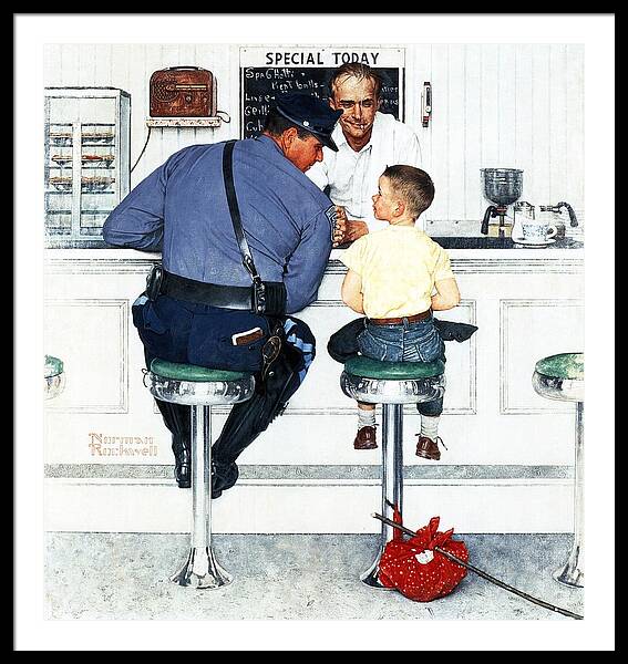 Policeman and Young Boy at Diner Framed Print