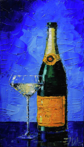 Champagne Bottle and Glass on Blue Background Wall Art