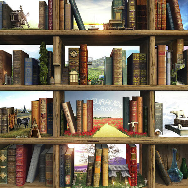 Surreal Bookshelf Worlds Wall Art