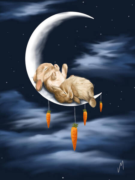 Bunnies Sleeping on a Crescent Moon Wall Art