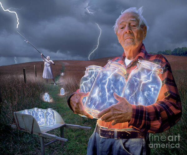 Elderly Man Holding Jars of Lightning Wall Art