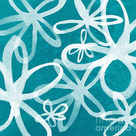 Waterflowers- teal and white by Linda Woods