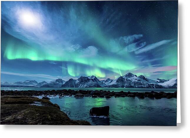 Aurora Borealis Over Snowy Mountains Greeting Card