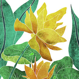 Yellow Lotus flower - Botanical, Floral, Tropical Art - Modern, Minimal Decor - Yellow, Green by Studio Grafiikka